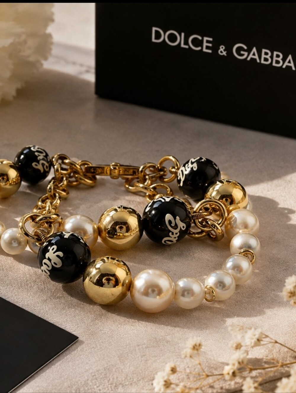 Dolce & Gabbana Black, Gold & Pearl Logo Beaded Bracelet